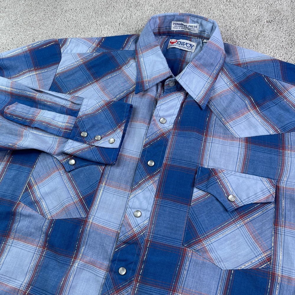 Vintage Envoy Western Shirt Mens Large Plaid Pearl Snap Cowboy Metallic Ranch